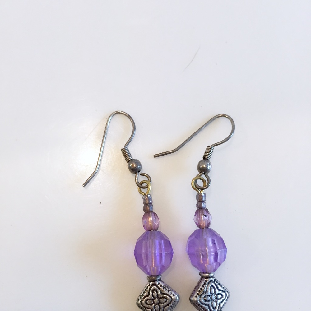 Purple Silver Tone Beaded Drop Dangle Earrings - Picture 3 of 6